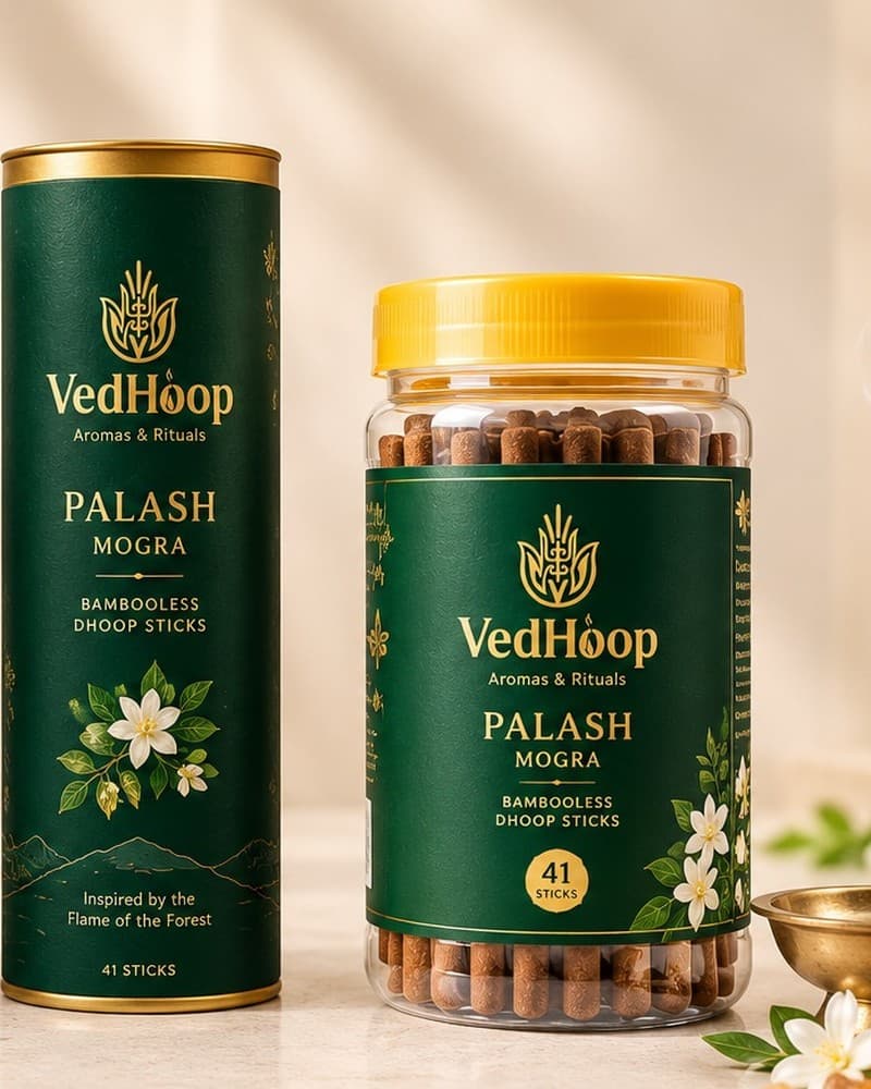 VedHoop Palash Mogra dhoop sticks in cylindrical box and plastic jar packaging