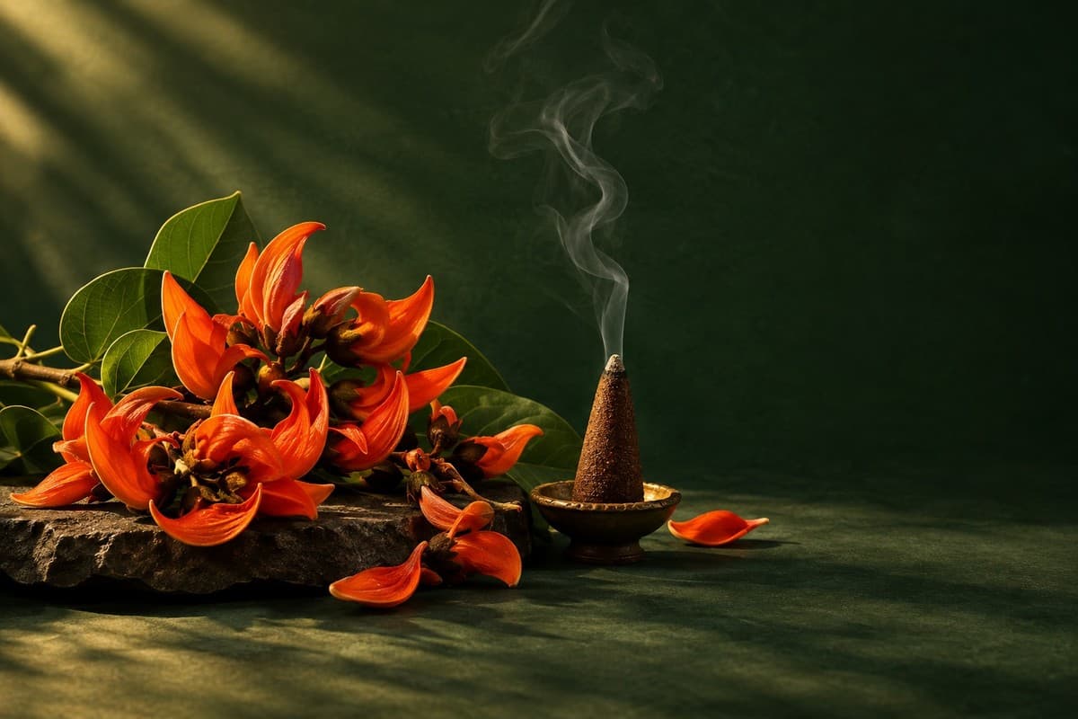 Palash flowers beside a lit dhoop cone with rising smoke